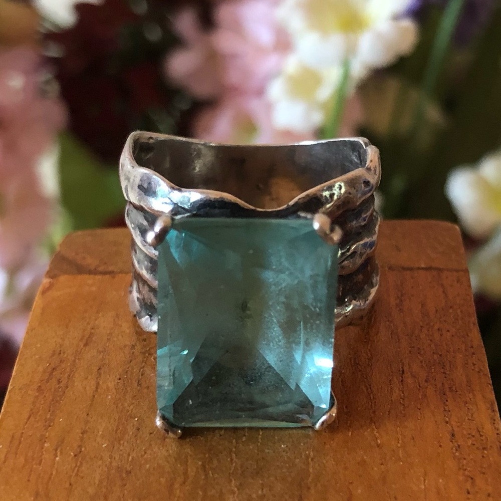Vintage Silpada Sterling Silver Aqua Glass Statement Ring Size 8 - Picture 6 of 14